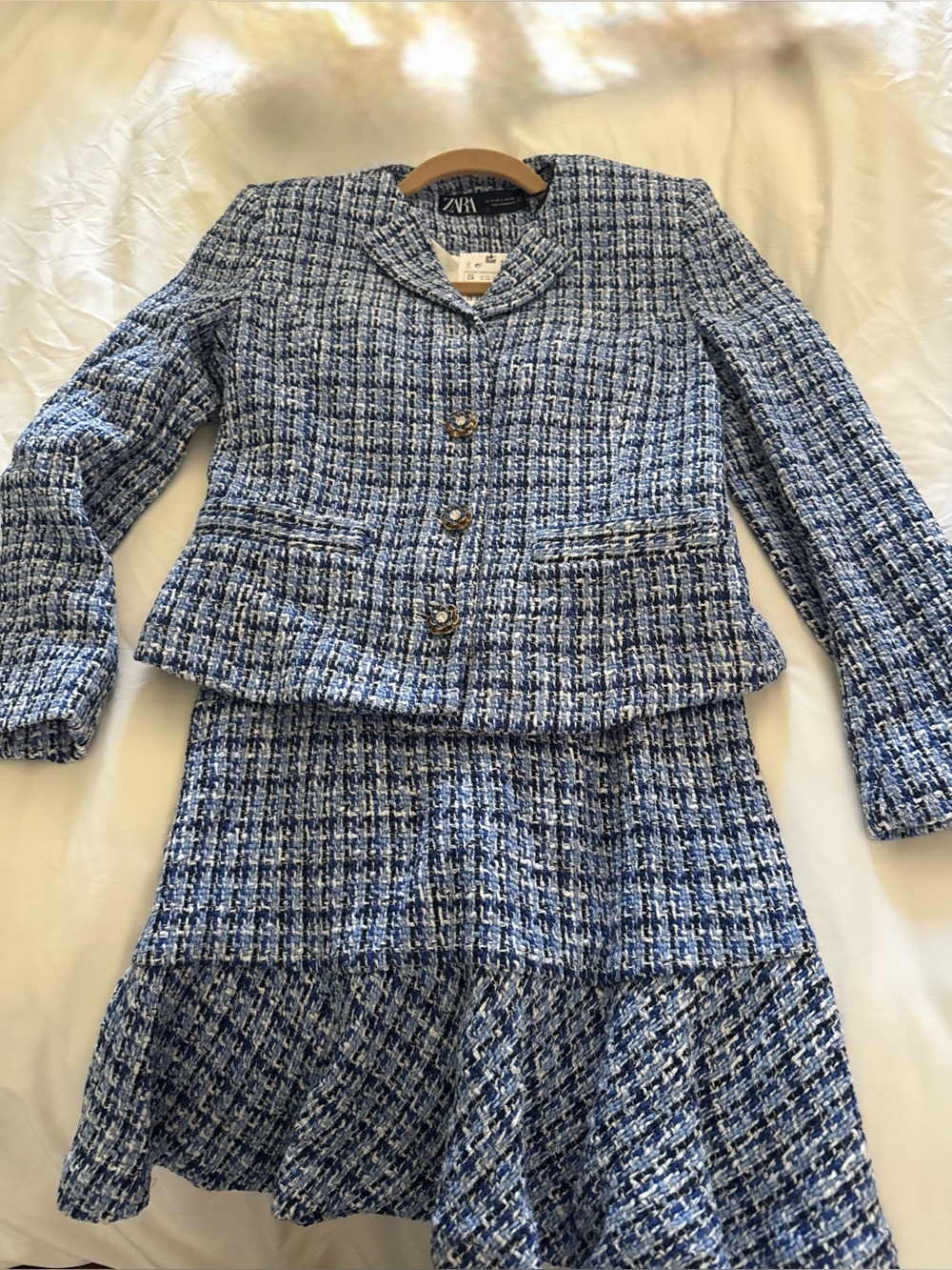 Zara Light Blue Tweed Blazer with matching pinafore style dress